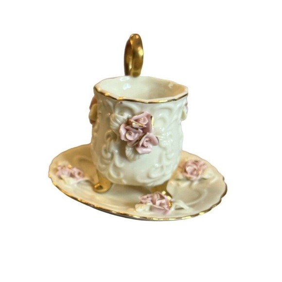 Teacup and Saucer Victorian Style Ivory Color Pink Rosette and Gold Tone Trim - Picture 1 of 3